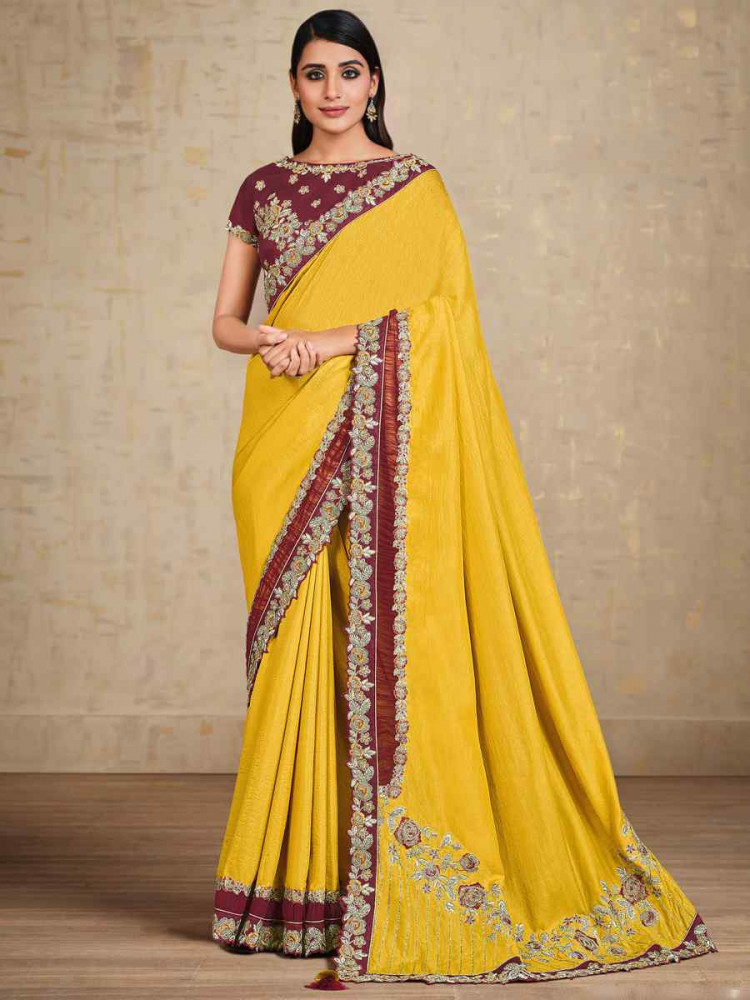 Yellow Tusser Silk Embroidered Reception Wedding Heavy Border Saree