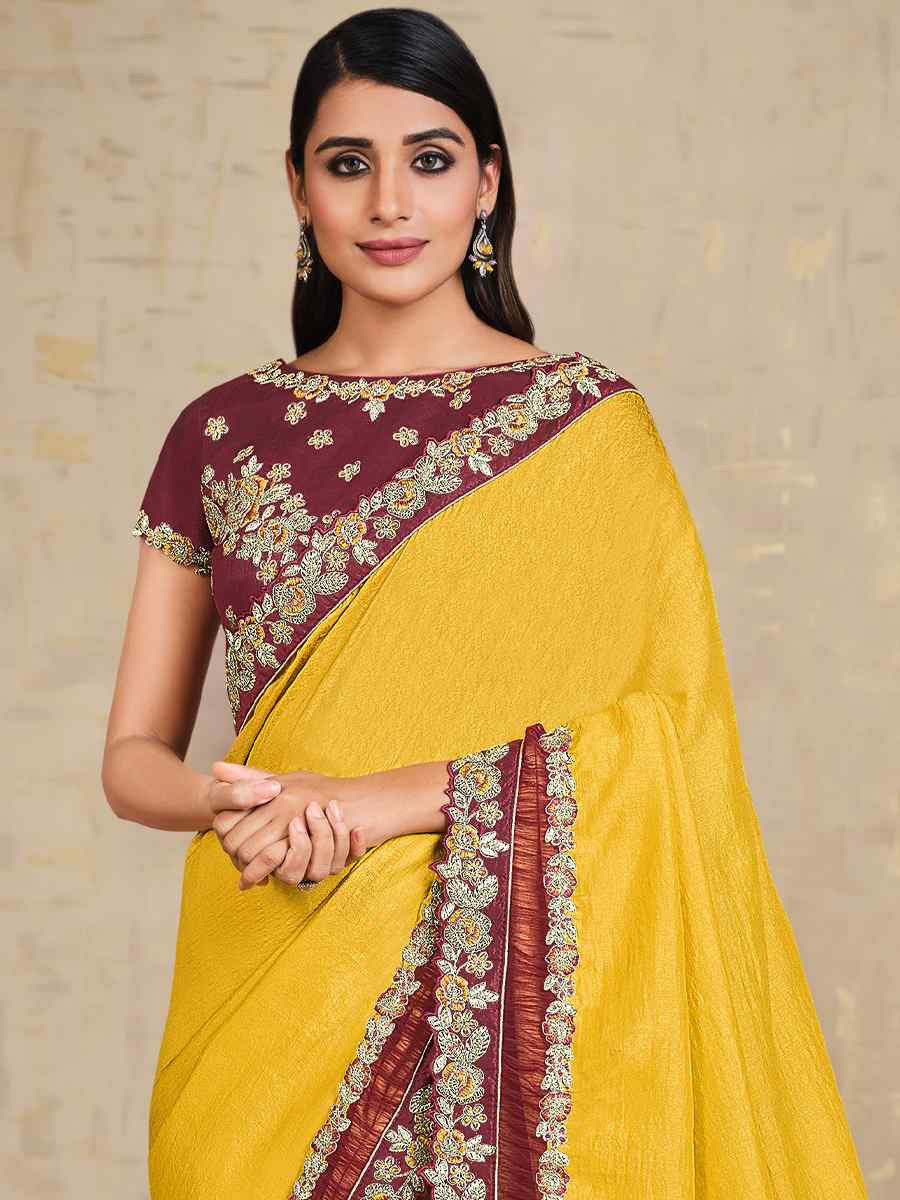 Yellow Tusser Silk Embroidered Reception Wedding Heavy Border Saree