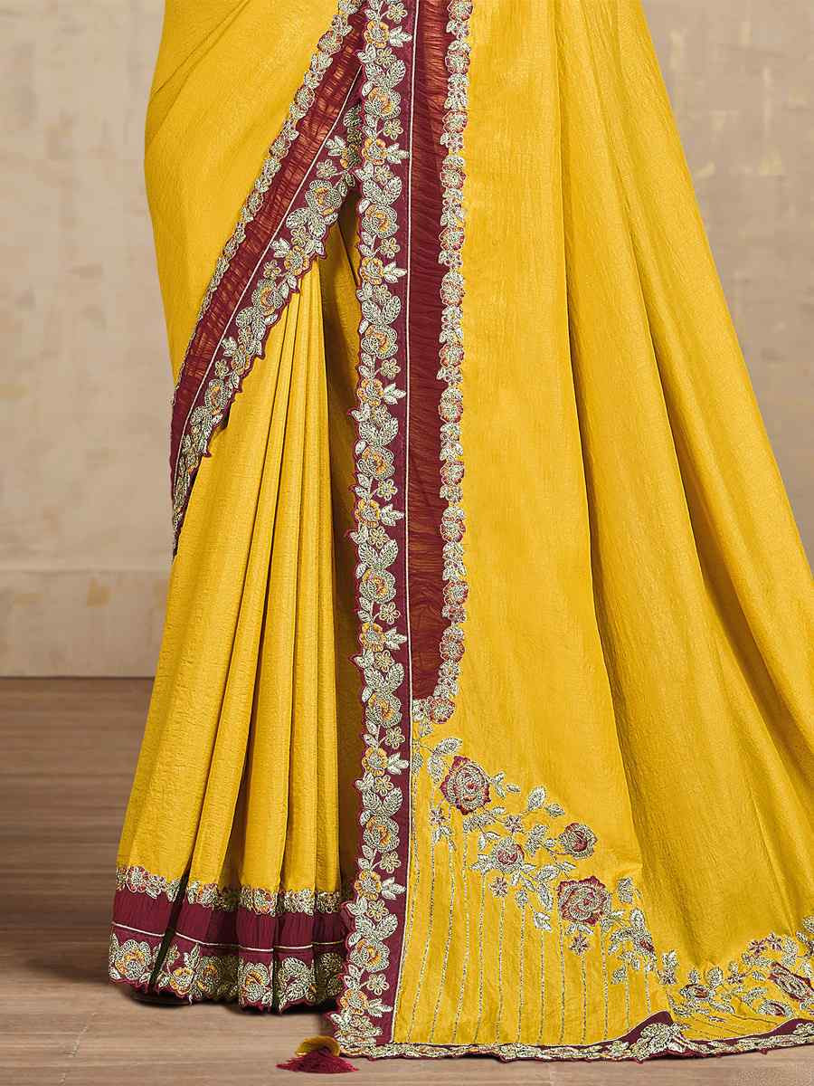 Yellow Tusser Silk Embroidered Reception Wedding Heavy Border Saree