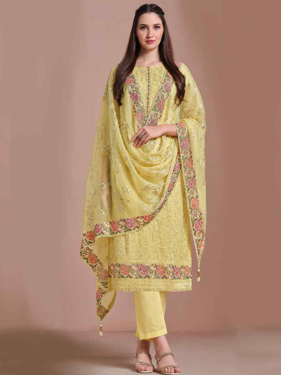 Yellow Twinkle Chiffon Embroidered Festival Wedding Pant Salwar Kameez