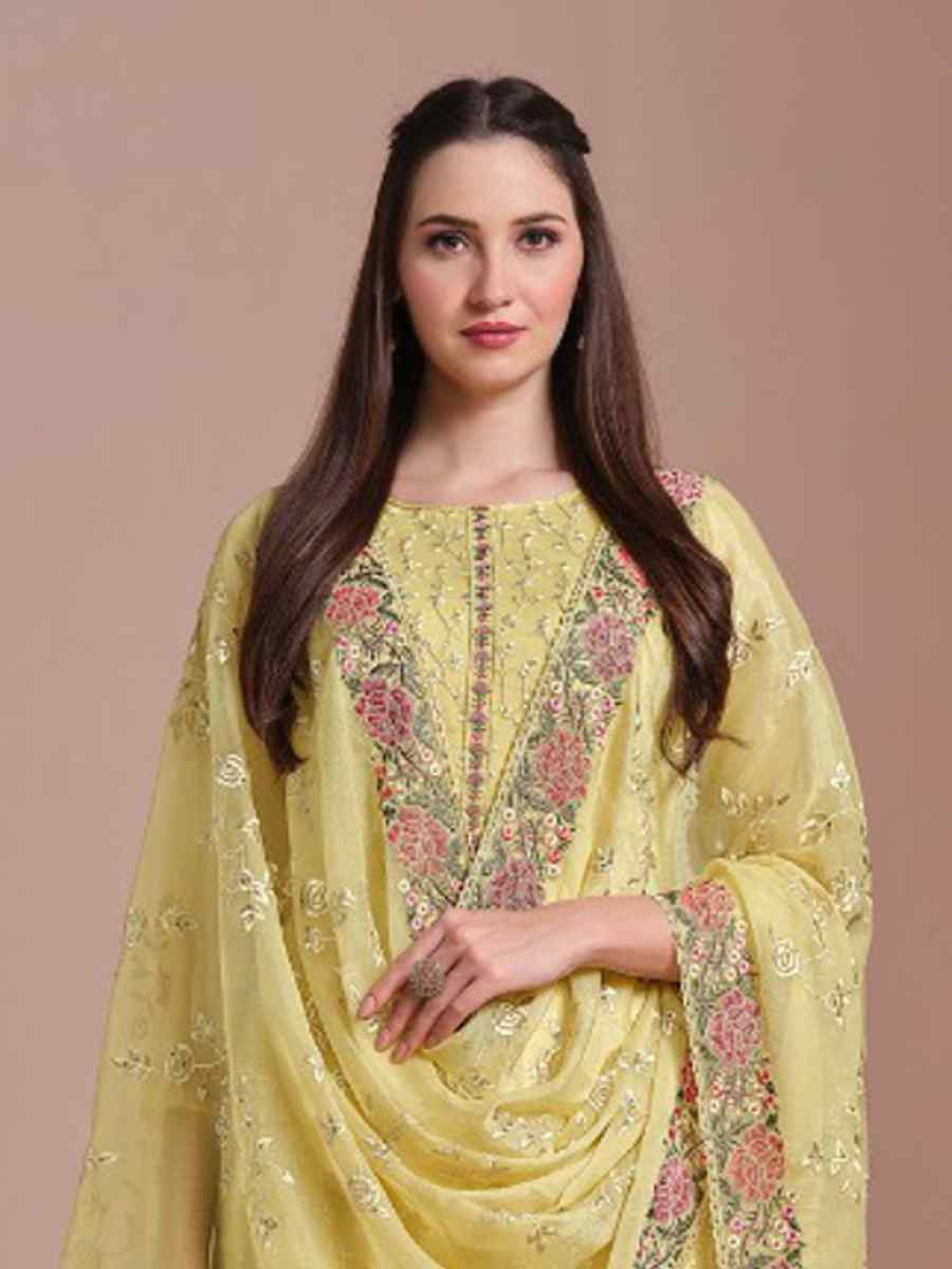 Yellow Twinkle Chiffon Embroidered Festival Wedding Pant Salwar Kameez