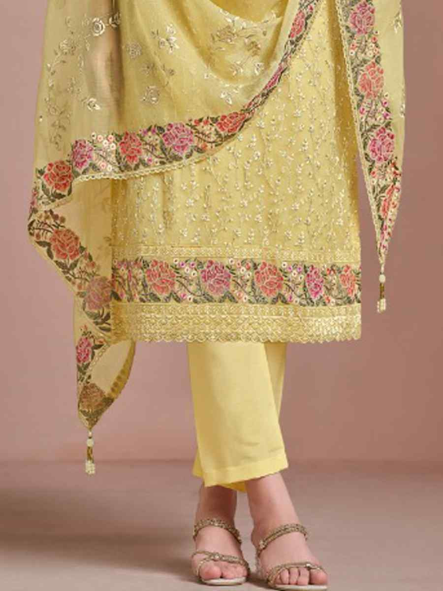 Yellow Twinkle Chiffon Embroidered Festival Wedding Pant Salwar Kameez