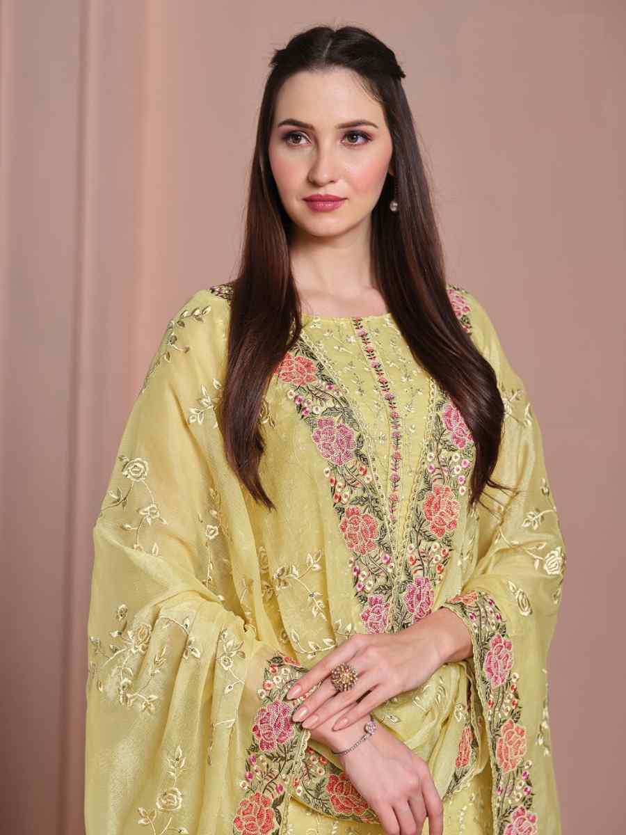 Yellow Twinkle Chiffon Embroidered Festival Wedding Pant Salwar Kameez