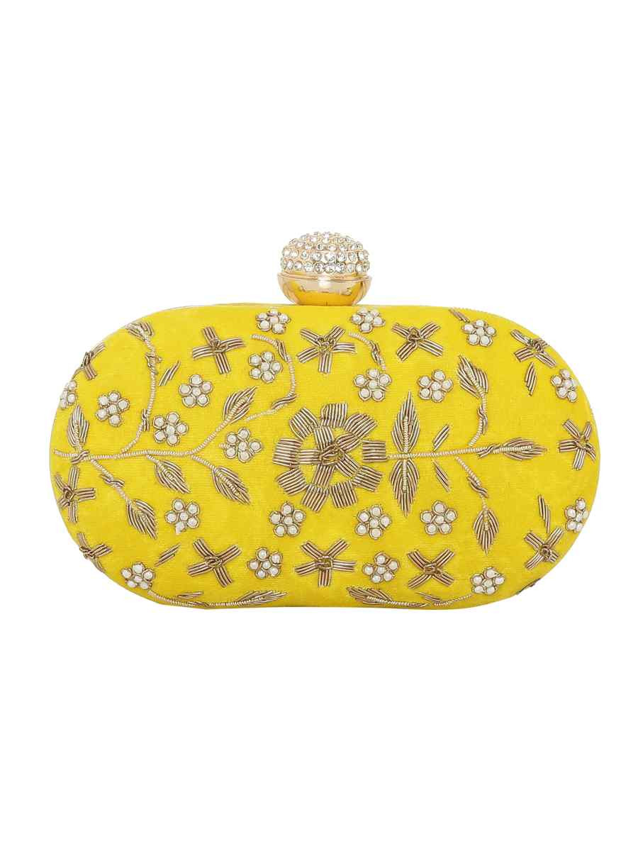 Yellow Velvet Party Wear Embroidered Clutches