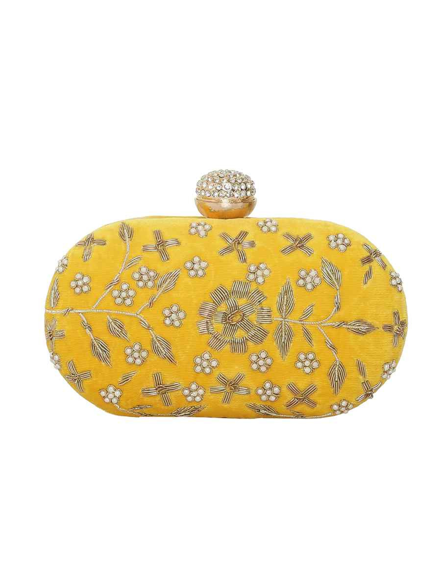 Yellow Velvet Party Wear Embroidered Clutches