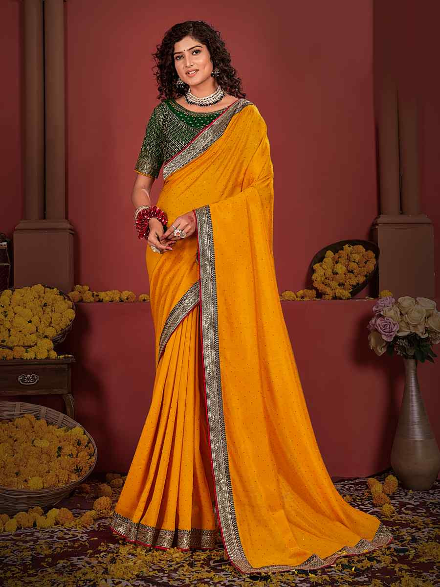 Yellow Vichitra Bluming Embroidered Bridesmaid Wedding Heavy Border Saree