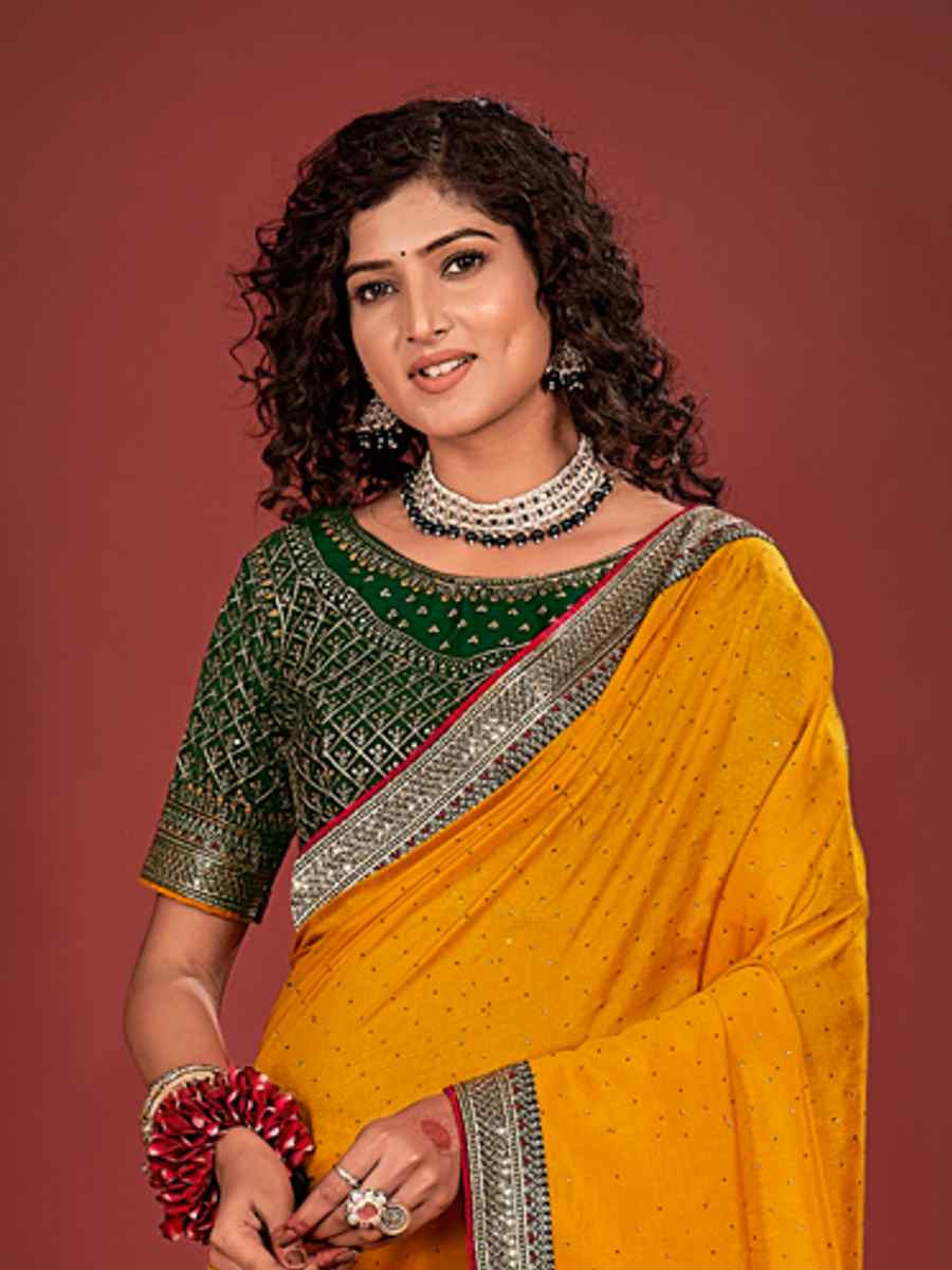 Yellow Vichitra Bluming Embroidered Bridesmaid Wedding Heavy Border Saree