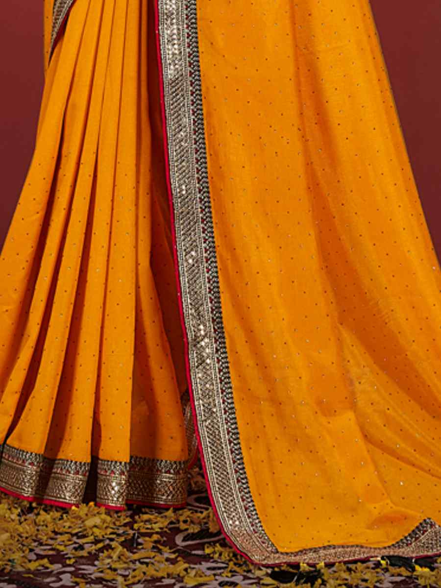 Yellow Vichitra Bluming Embroidered Bridesmaid Wedding Heavy Border Saree