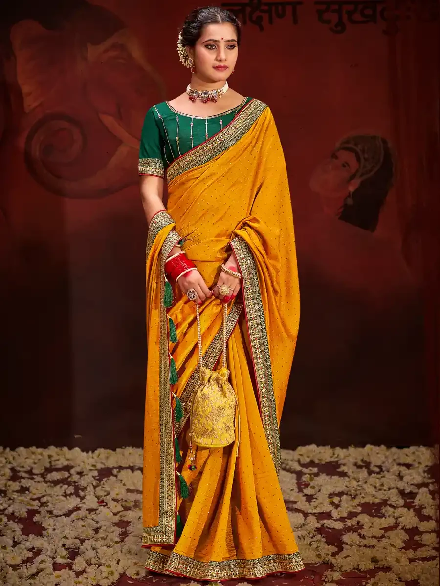 Yellow Vichitra Bluming Embroidered Festival Party Heavy Border Saree