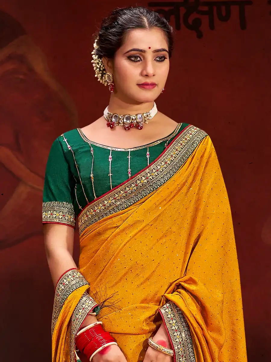 Yellow Vichitra Bluming Embroidered Festival Party Heavy Border Saree