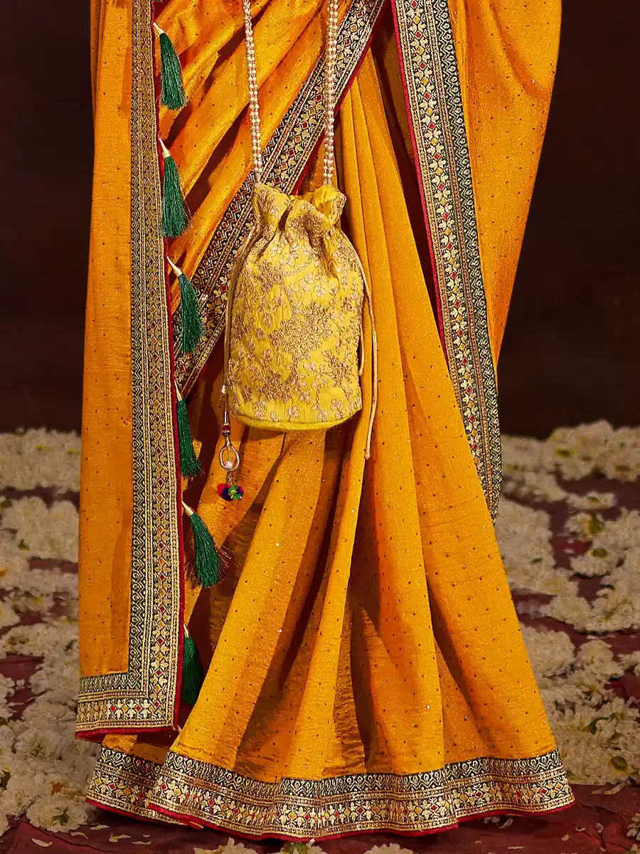 Yellow Vichitra Bluming Embroidered Festival Party Heavy Border Saree