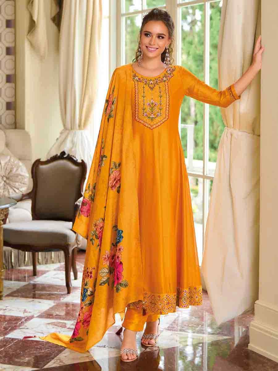 Yellow Vichitra Silk Embroidered Festival Casual Ready Anarkali Salwar Kameez