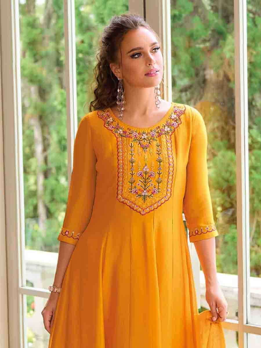 Yellow Vichitra Silk Embroidered Festival Casual Ready Anarkali Salwar Kameez