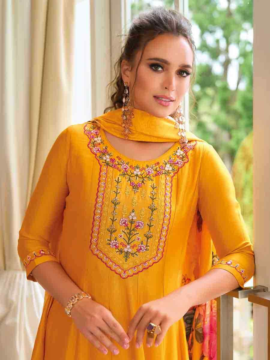 Yellow Vichitra Silk Embroidered Festival Casual Ready Anarkali Salwar Kameez