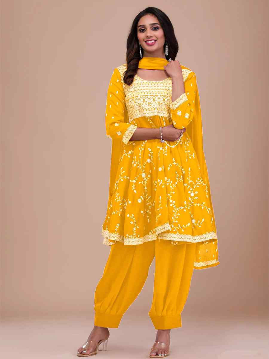 Yellow Vichitra Silk Embroidered Festival Casual Ready Patiala Salwar Kameez