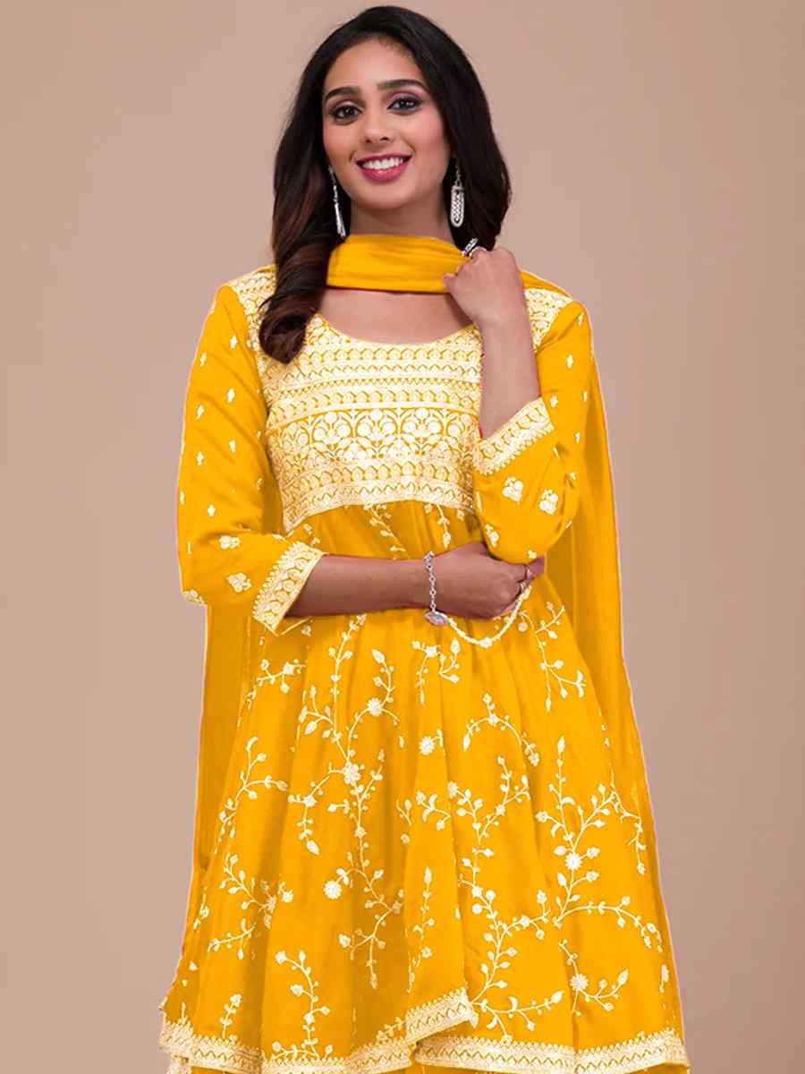 Yellow Vichitra Silk Embroidered Festival Casual Ready Patiala Salwar Kameez