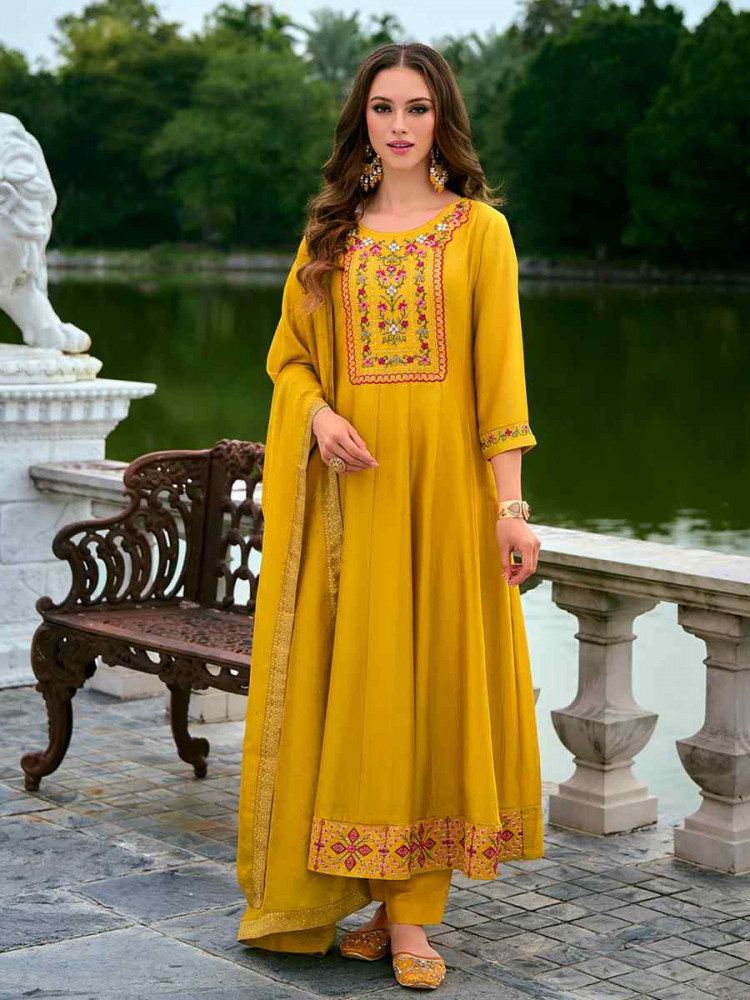 Yellow Vichitra Silk Embroidered Festival Mehendi Ready Anarkali Salwar Kameez