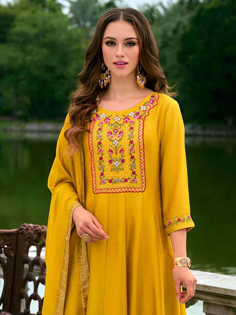 Yellow Vichitra Silk Embroidered Festival Mehendi Ready Anarkali Salwar Kameez