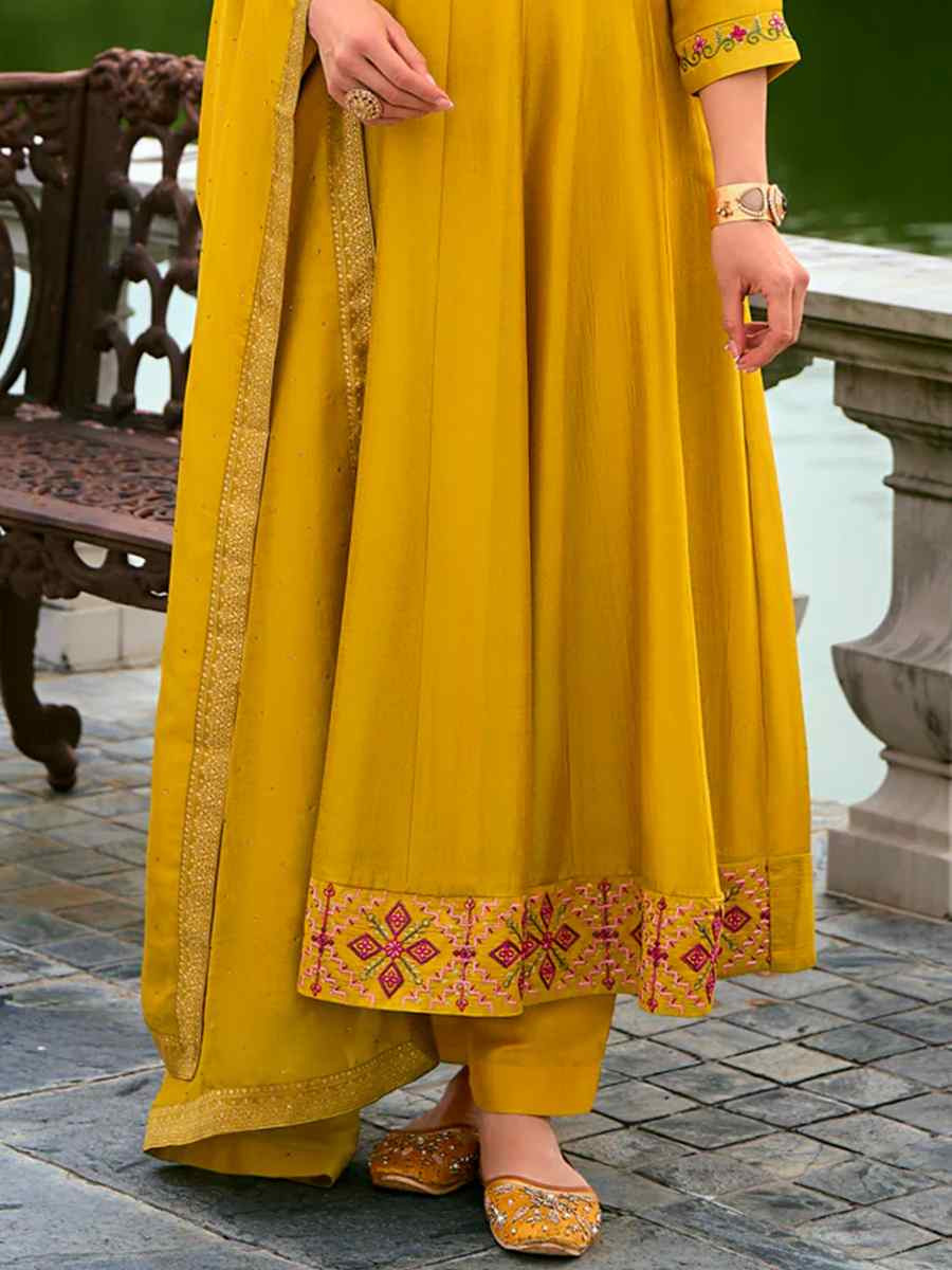 Yellow Vichitra Silk Embroidered Festival Mehendi Ready Anarkali Salwar Kameez