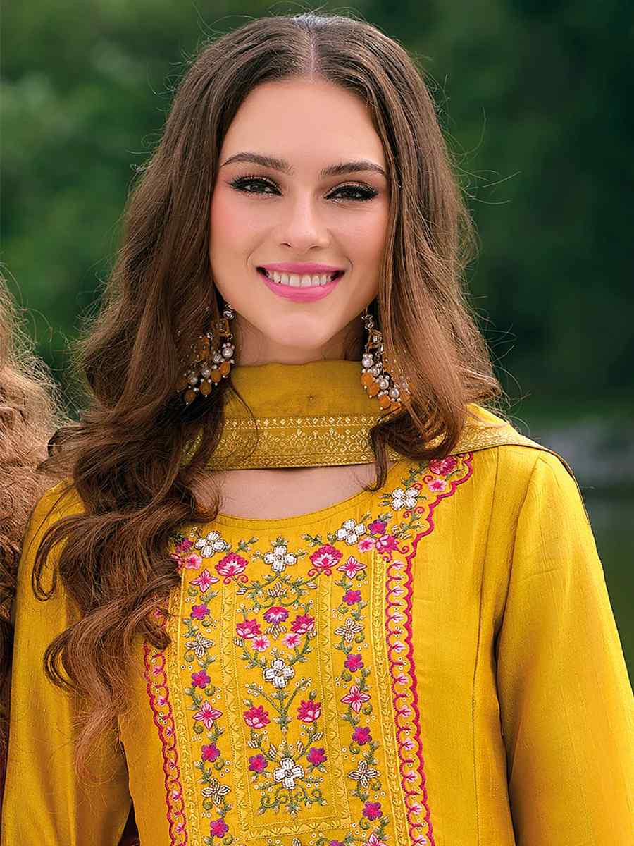 Yellow Vichitra Silk Embroidered Festival Mehendi Ready Anarkali Salwar Kameez