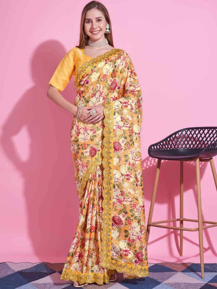 Yellow Vichitra Silk Printed Festival Casual Contemporary Saree