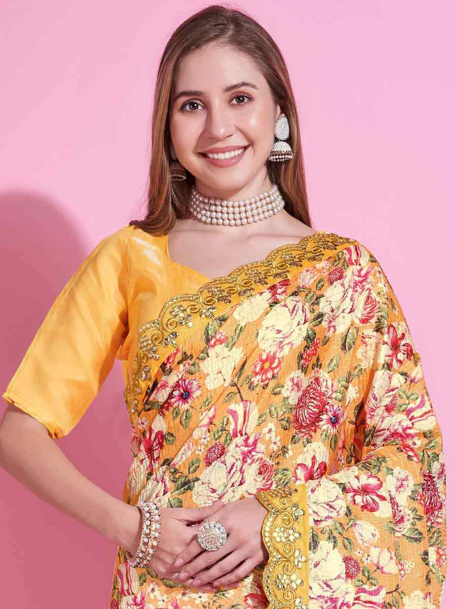 Yellow Vichitra Silk Printed Festival Casual Contemporary Saree