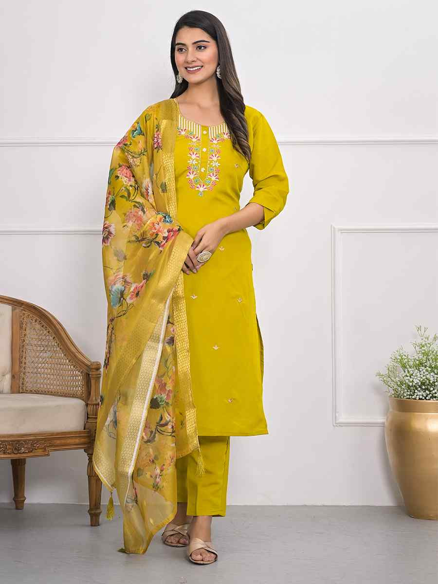 Yellow Viscoce Silk Embroidered Festival Wedding Ready Pant Salwar Kameez