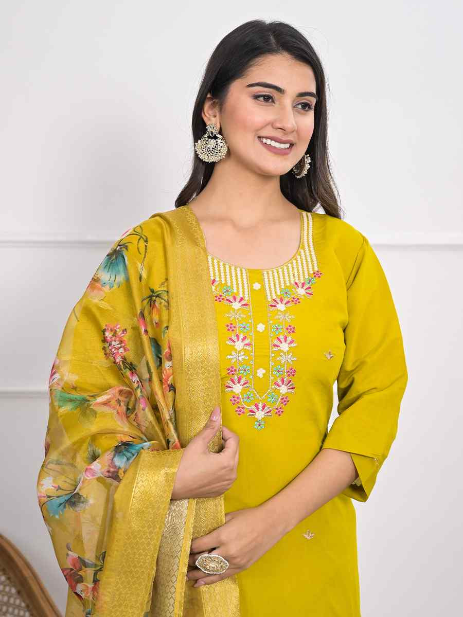 Yellow Viscoce Silk Embroidered Festival Wedding Ready Pant Salwar Kameez