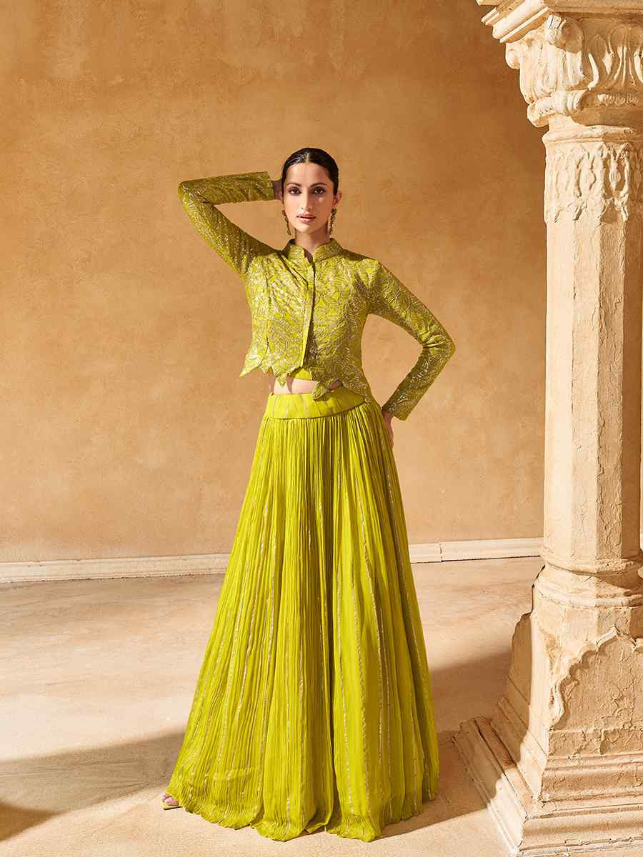 Yellow Viscos Jacquard Embroidered Reception Wedding Lehenga Choli With Jacket