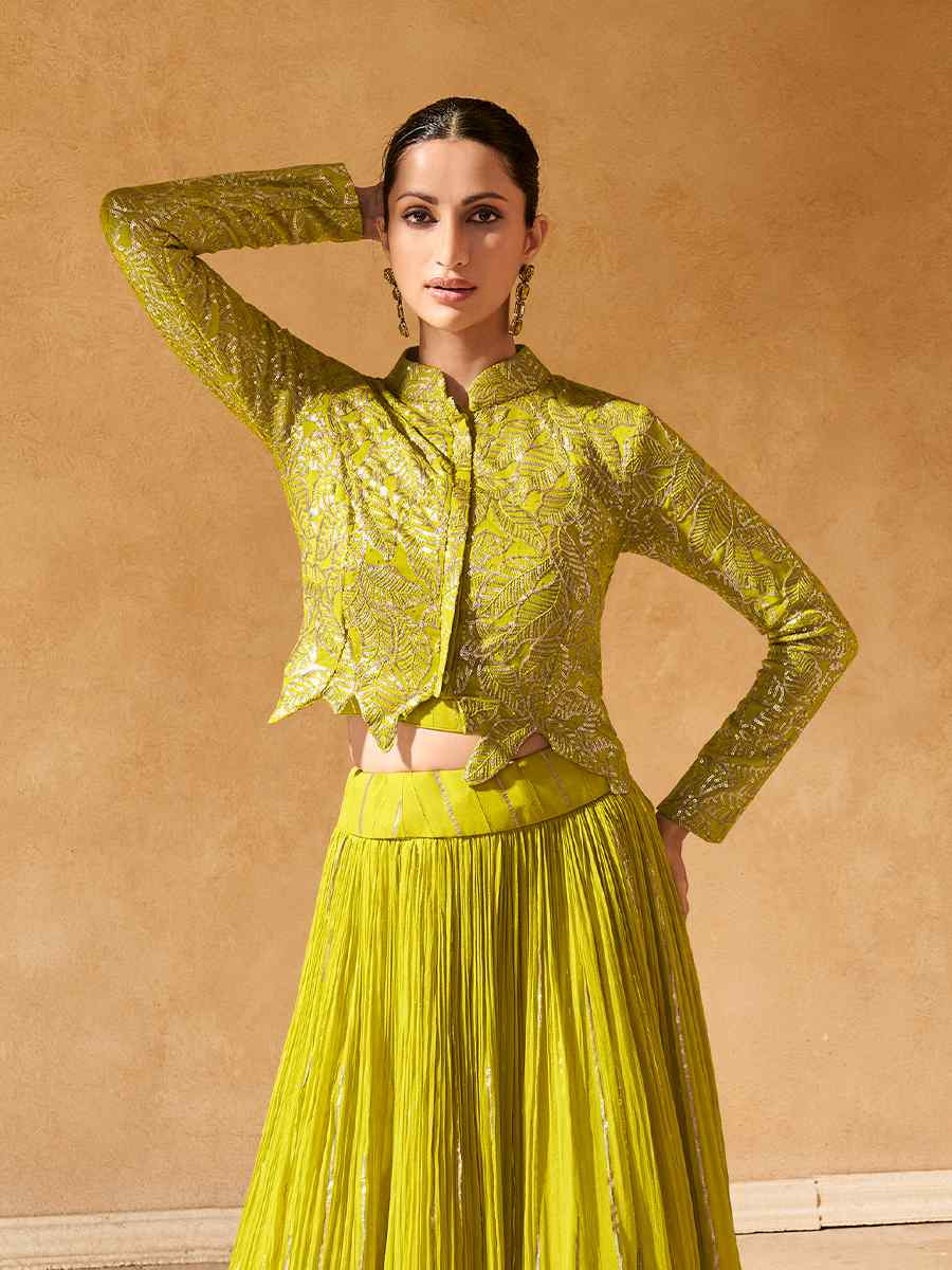 Yellow Viscos Jacquard Embroidered Reception Wedding Lehenga Choli With Jacket