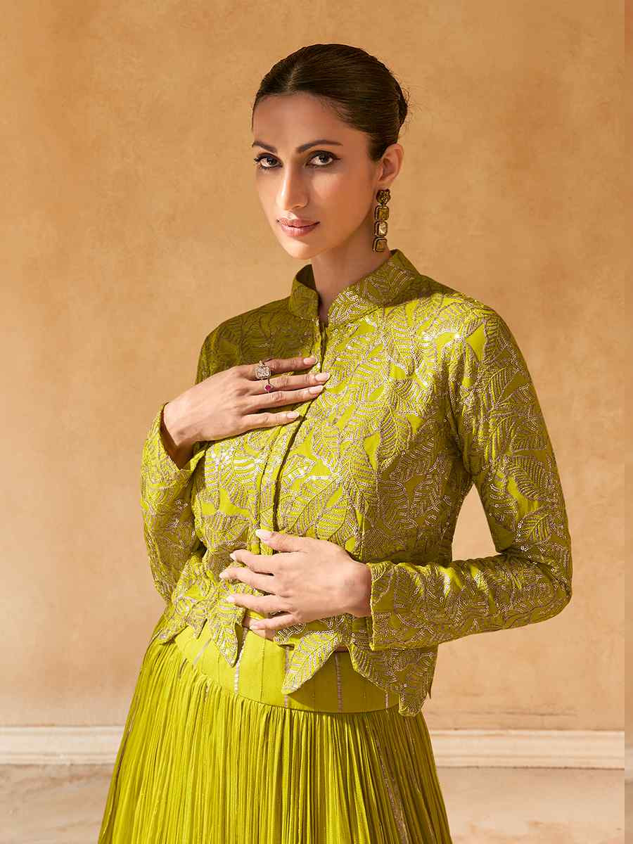 Yellow Viscos Jacquard Embroidered Reception Wedding Lehenga Choli With Jacket