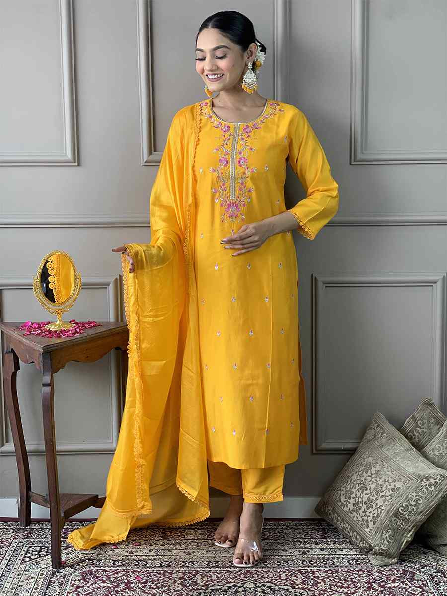 Yellow Viscose Chanderi Embroidered Festival Casual Ready Pant Salwar Kameez