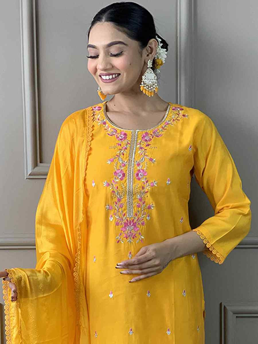 Yellow Viscose Chanderi Embroidered Festival Casual Ready Pant Salwar Kameez