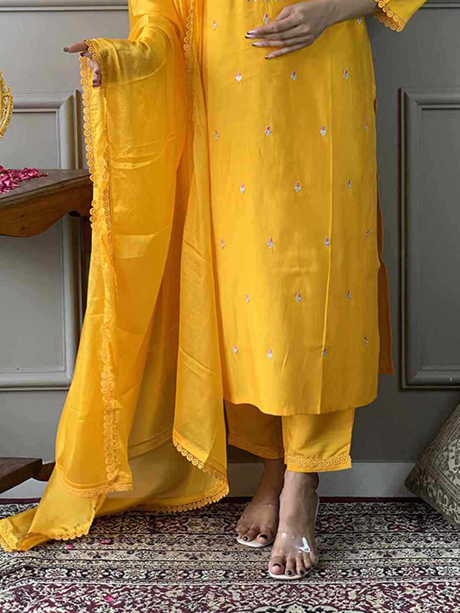 Yellow Viscose Chanderi Embroidered Festival Casual Ready Pant Salwar Kameez