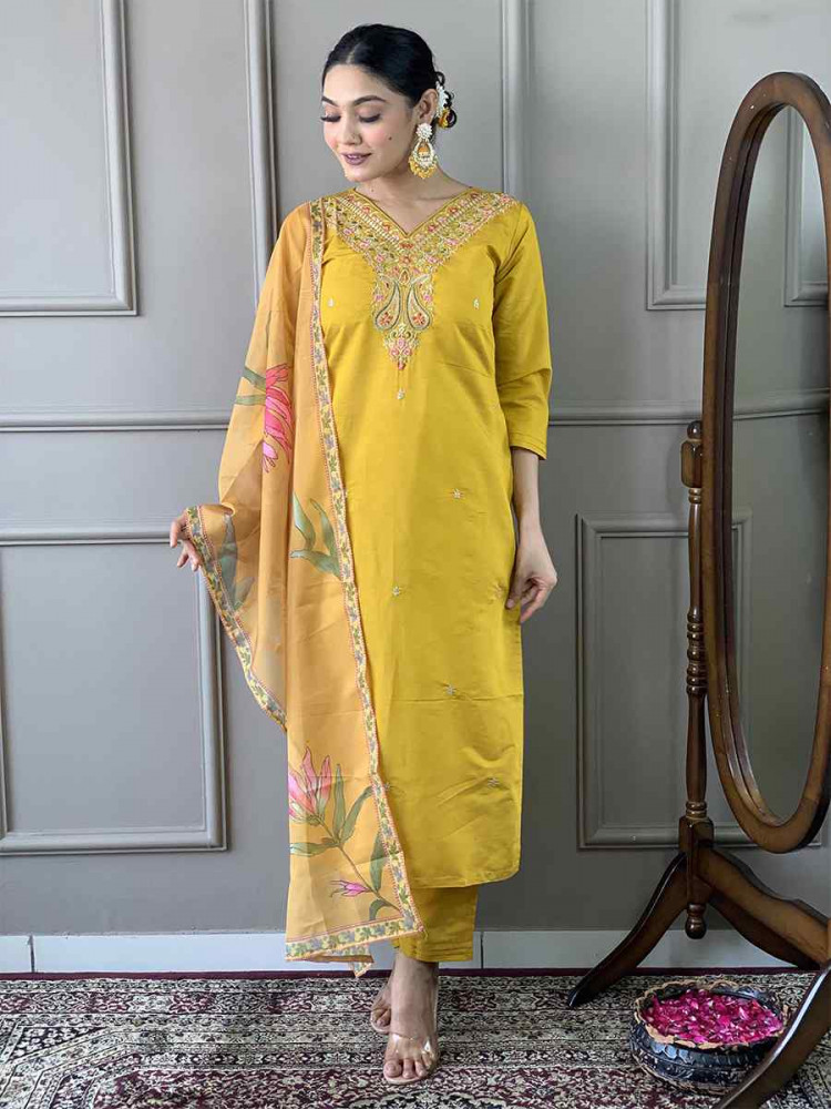 Yellow Viscose Chanderi Embroidered Festival Casual Ready Pant Salwar Kameez