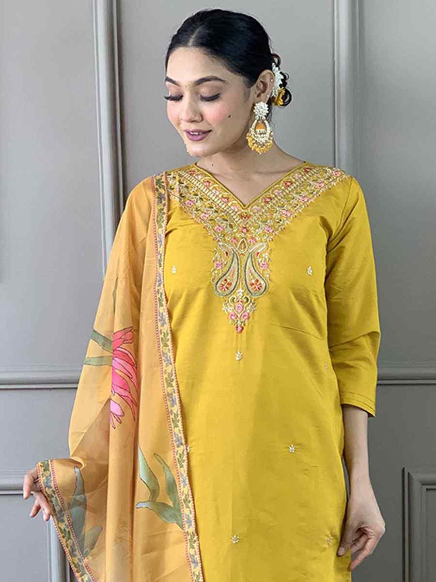 Yellow Viscose Chanderi Embroidered Festival Casual Ready Pant Salwar Kameez