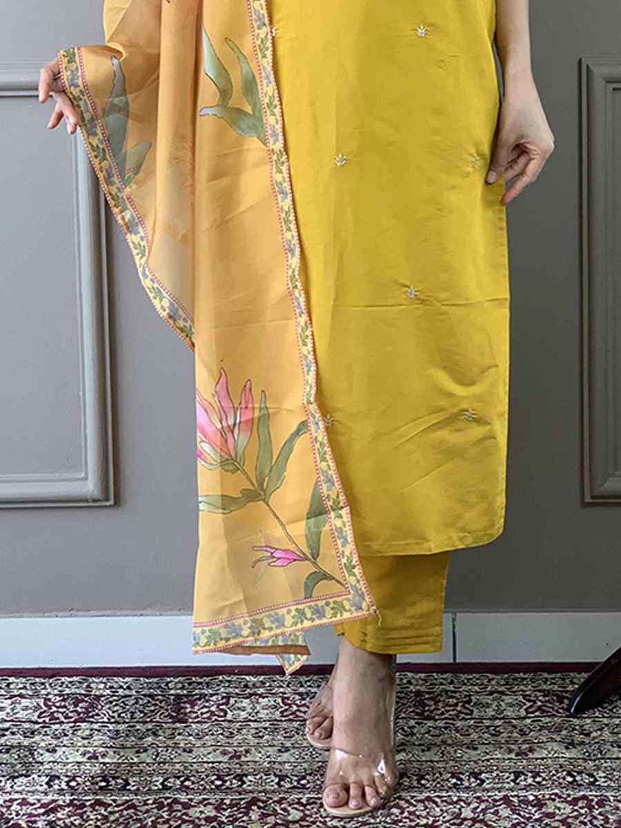 Yellow Viscose Chanderi Embroidered Festival Casual Ready Pant Salwar Kameez