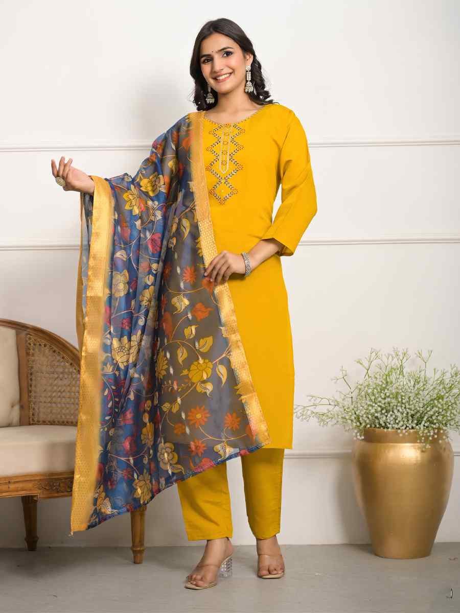 Yellow Viscose Chanderi Embroidered Festival Wedding Pant Salwar Kameez