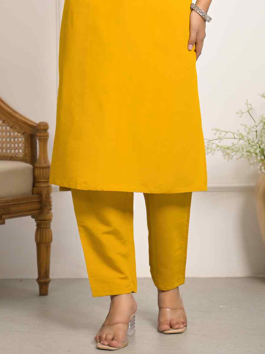 Yellow Viscose Chanderi Embroidered Festival Wedding Pant Salwar Kameez