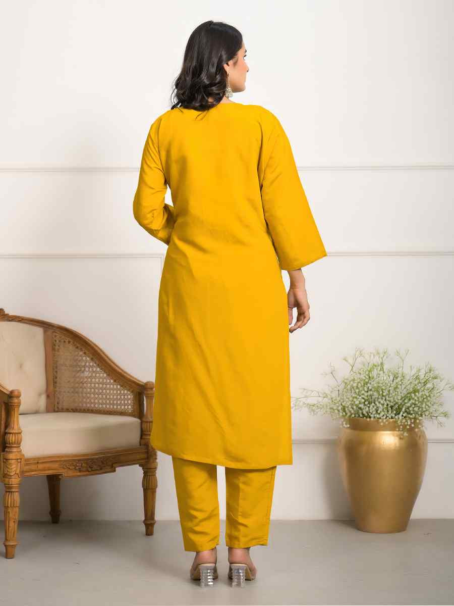 Yellow Viscose Chanderi Embroidered Festival Wedding Pant Salwar Kameez