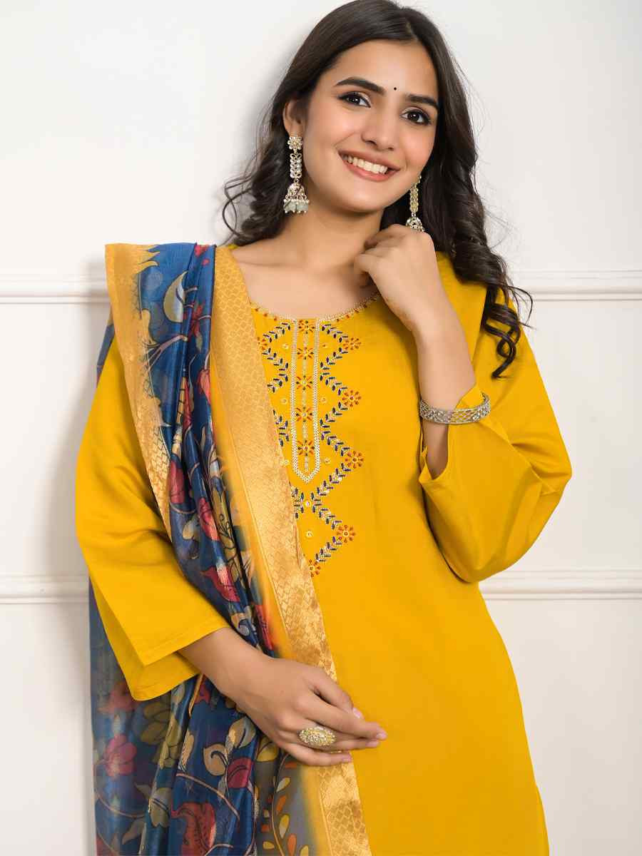 Yellow Viscose Chanderi Embroidered Festival Wedding Pant Salwar Kameez