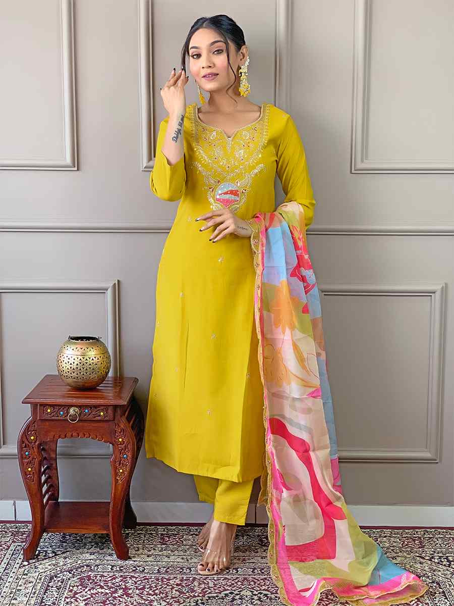 Yellow Viscose Embroidered Festival Casual Ready Pant Salwar Kameez