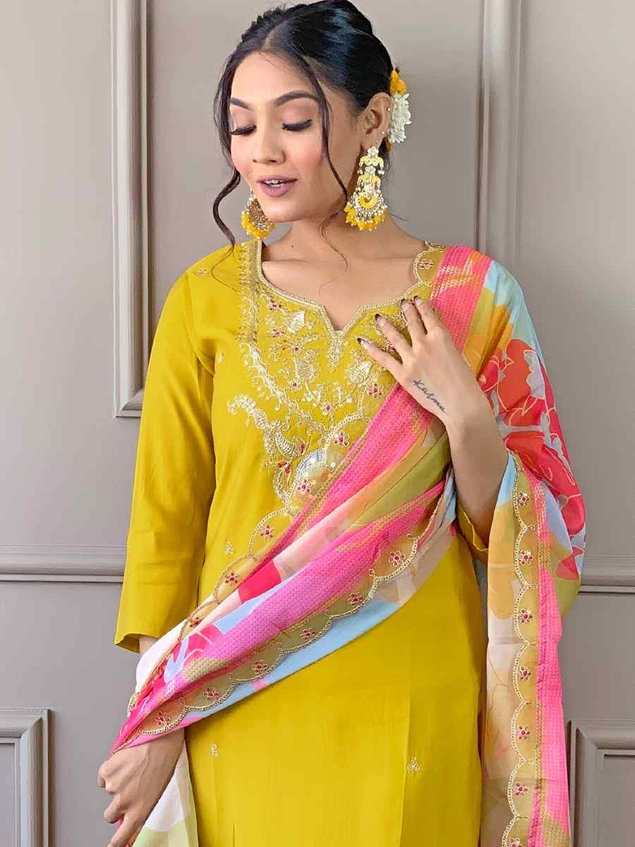 Yellow Viscose Embroidered Festival Casual Ready Pant Salwar Kameez