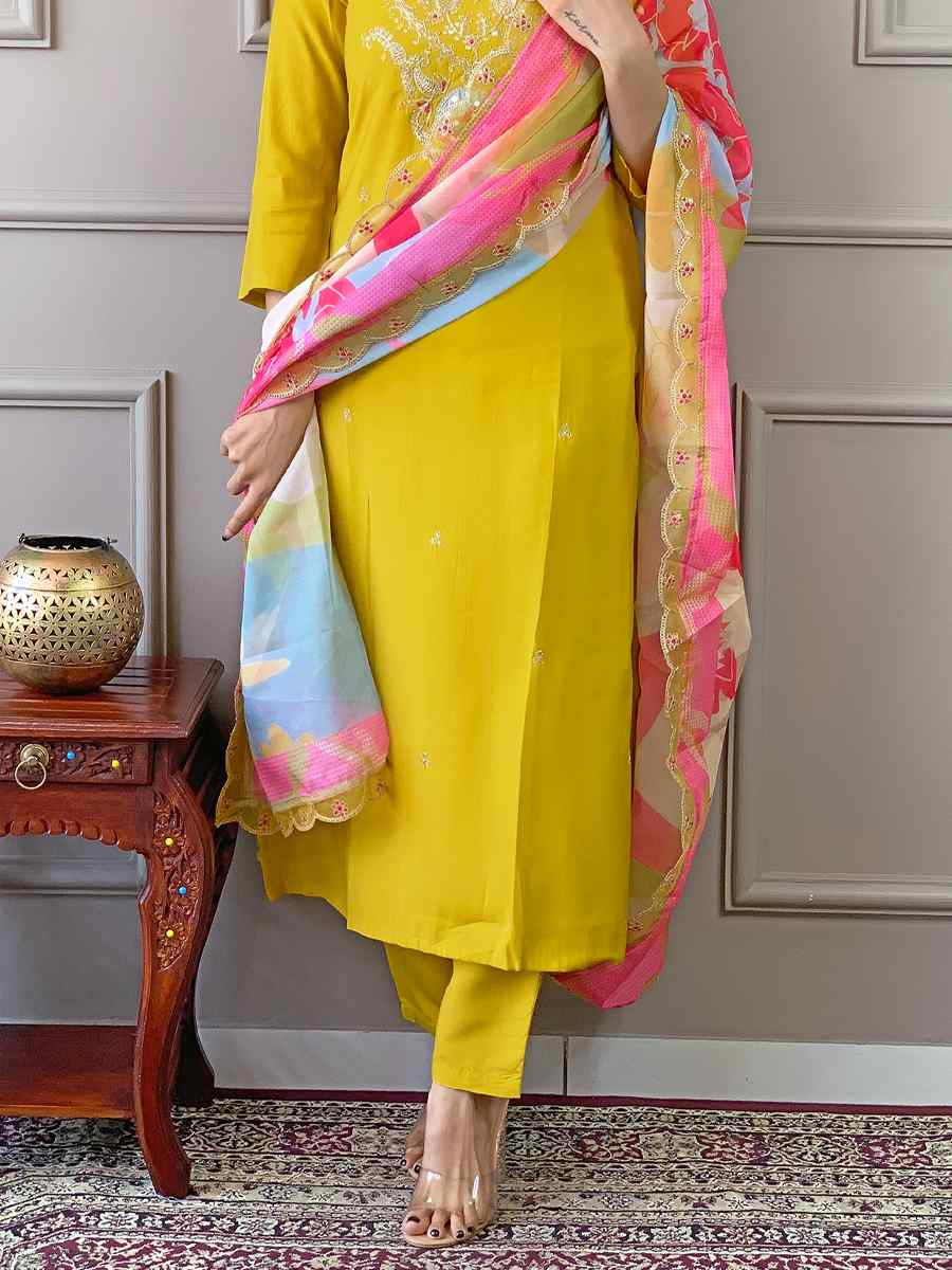 Yellow Viscose Embroidered Festival Casual Ready Pant Salwar Kameez