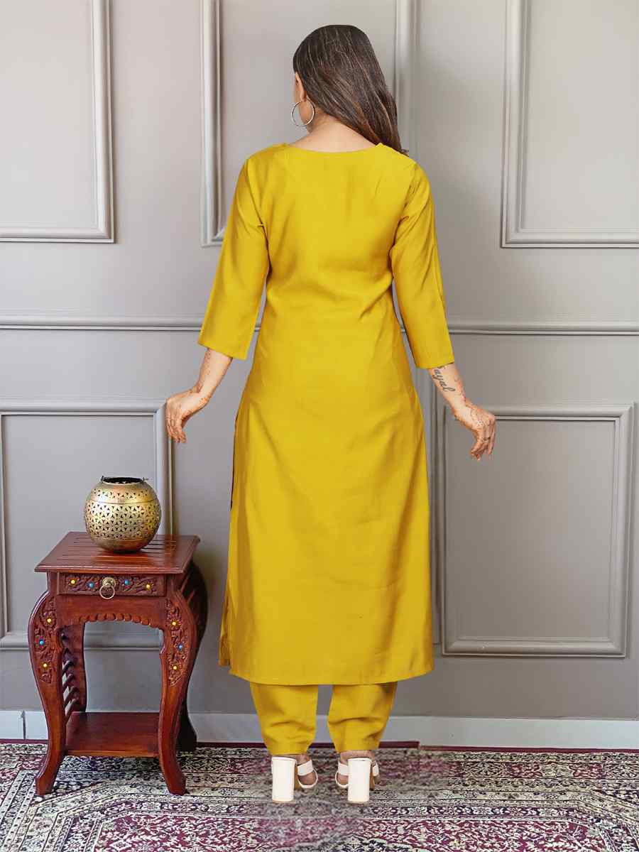 Yellow Viscose Embroidered Festival Casual Ready Pant Salwar Kameez