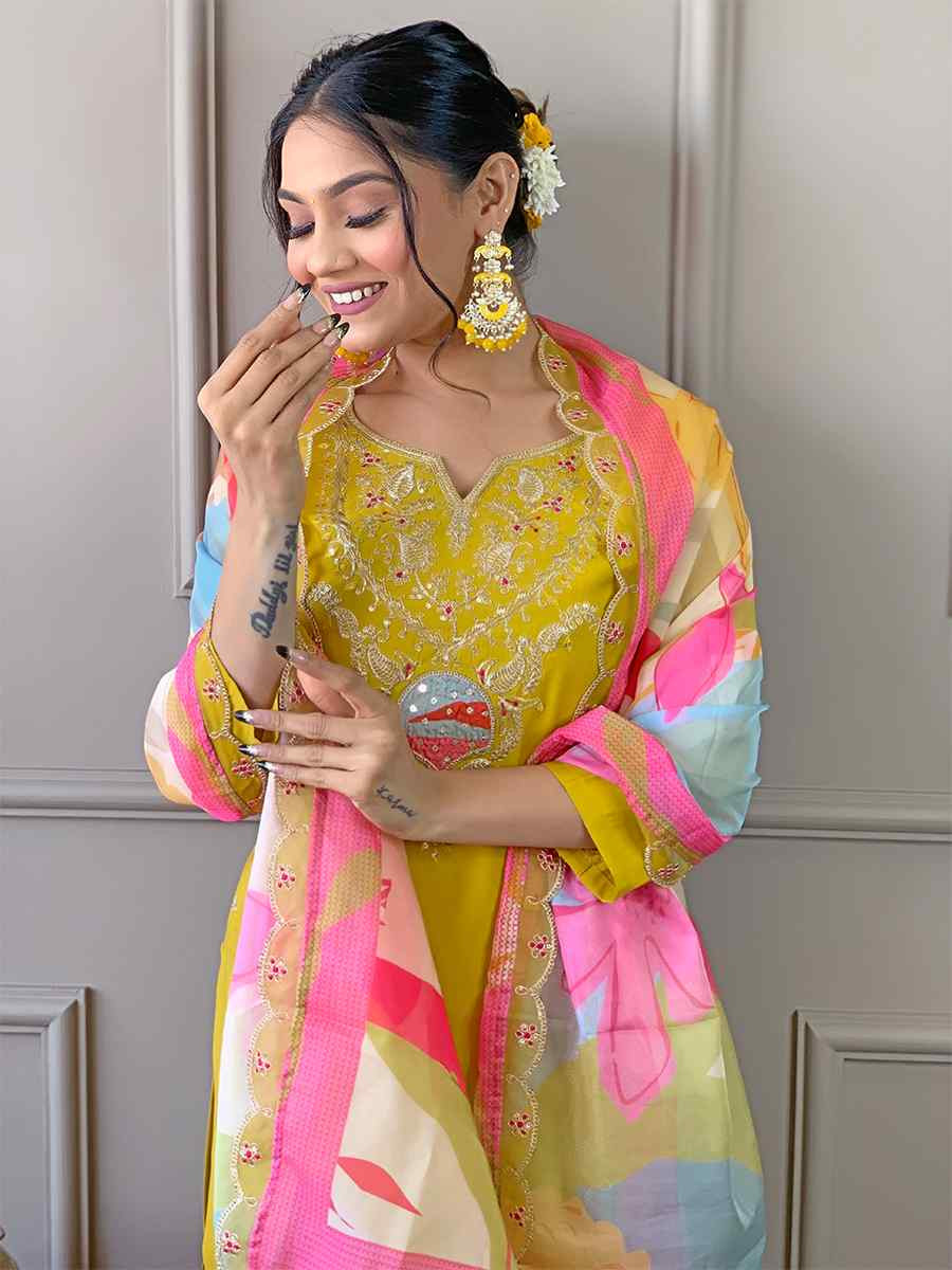 Yellow Viscose Embroidered Festival Casual Ready Pant Salwar Kameez