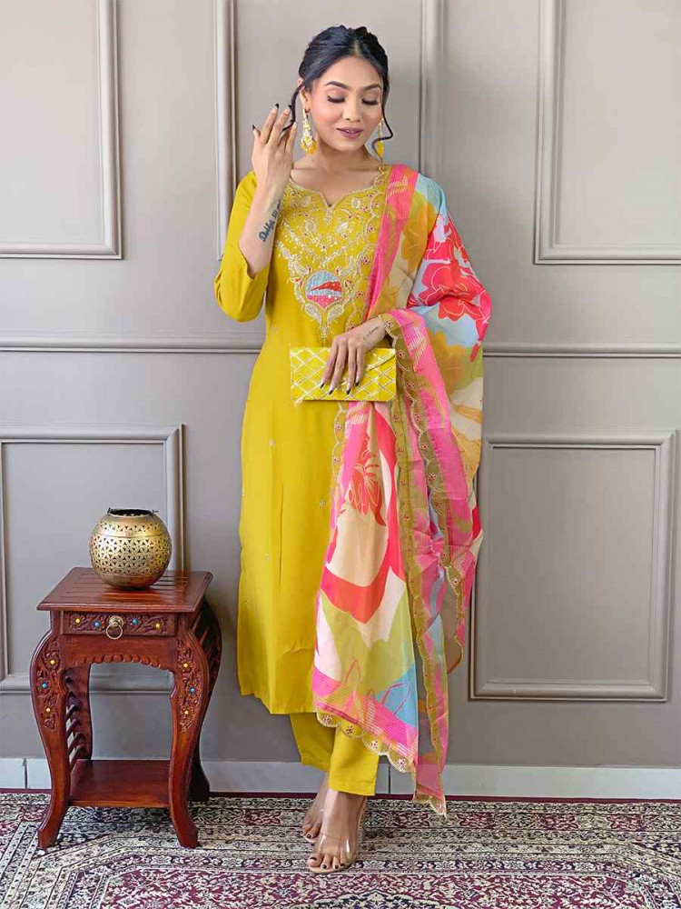 Yellow Viscose Embroidered Festival Casual Ready Pant Salwar Kameez