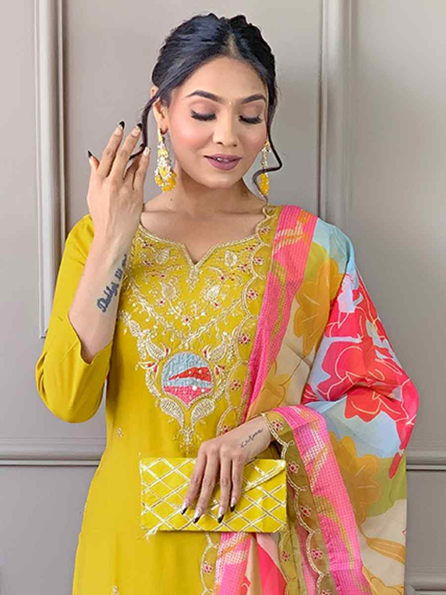 Yellow Viscose Embroidered Festival Casual Ready Pant Salwar Kameez