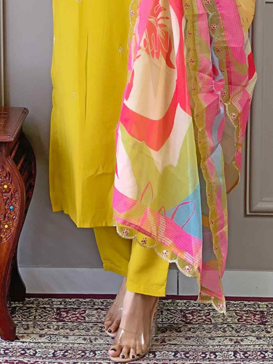 Yellow Viscose Embroidered Festival Casual Ready Pant Salwar Kameez