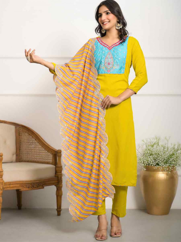 Yellow Viscose Embroidered Festival Wedding Pant Salwar Kameez